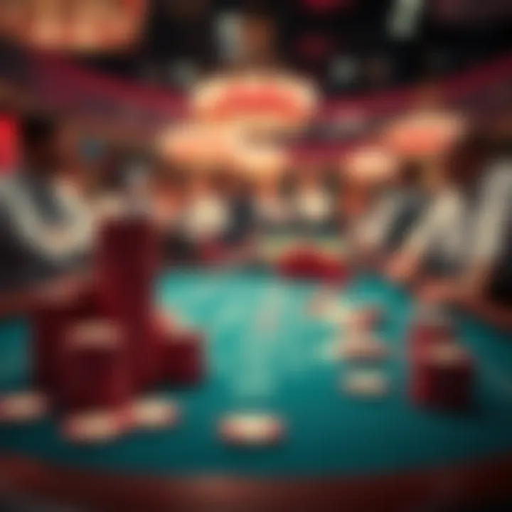 A craps table showing red chips stacked, with tense dealers and players focused on the game.
