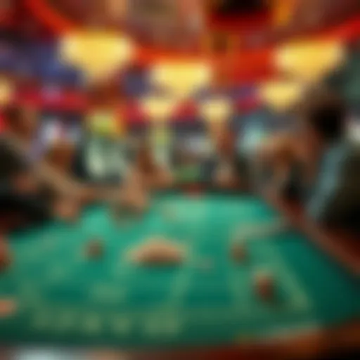 A vibrant craps table with people gathered around, throwing dice and placing bets in a Las Vegas casino setting.