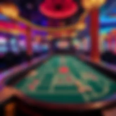 A colorful craps table with players at a Las Vegas casino, showcasing betting options and chips.