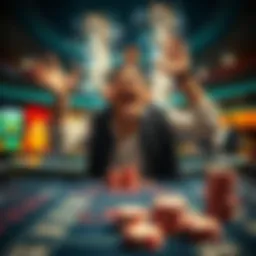 A man celebrating his $80,000 win at a craps table, then looking shocked after losing it the next day, surrounded by casino lights and chips.