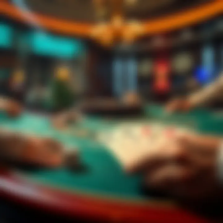 Craps and Three Card Poker Game A craps table with players rolling dice and a hand of three cards on a poker table.