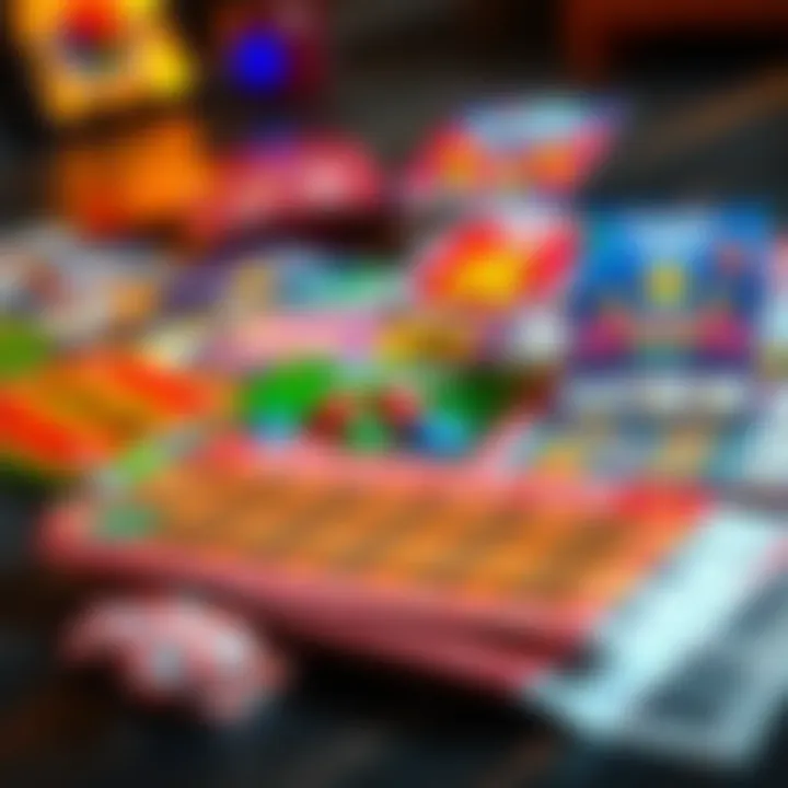 Colorful Crazy Scratch-off lottery tickets spread out on a table, showing vibrant designs and potential winning amounts.