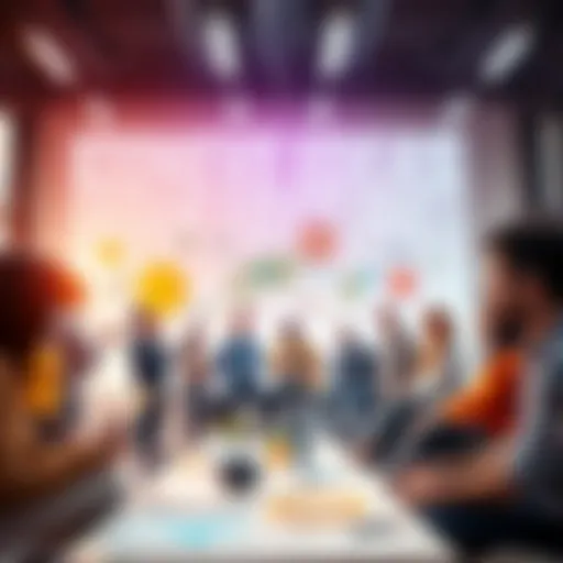 A group of diverse people sharing ideas in a bright, open space with innovative designs around them