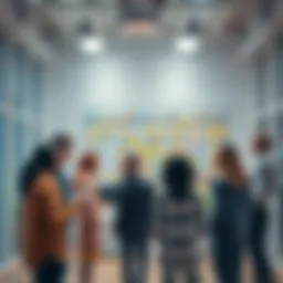 A diverse group of people brainstorming ideas together in a bright, open space with sticky notes on the wall.