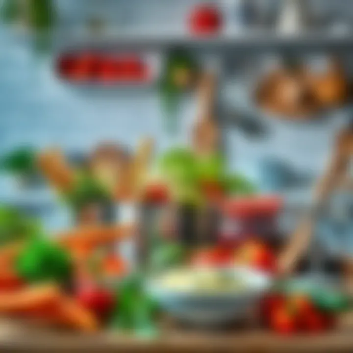 Creative Cooking in the Kitchen A colorful display of fresh ingredients and modern kitchen tools used for innovative cooking techniques.