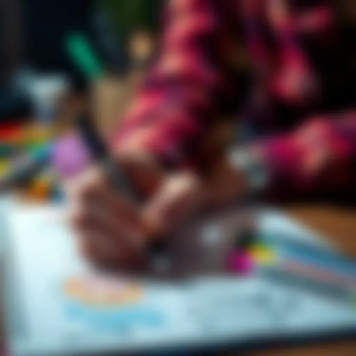 A person brainstorming ideas using a drawing method on a notepad with colorful markers.