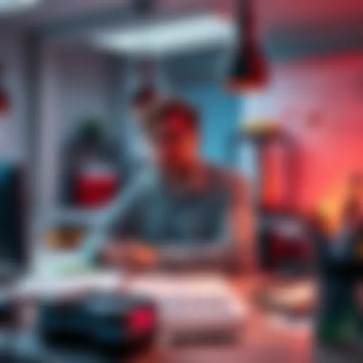 A person brainstorming ideas in a creative lab with sketches and notes around them.