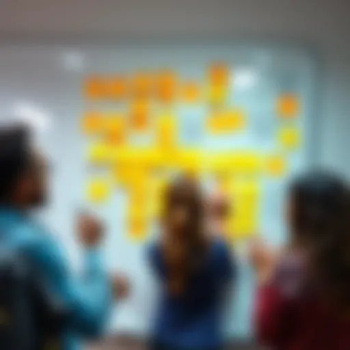 A group of diverse people brainstorming ideas with sticky notes on a whiteboard