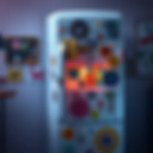 A colorful refrigerator decorated with art and magnets showing creative designs and patterns