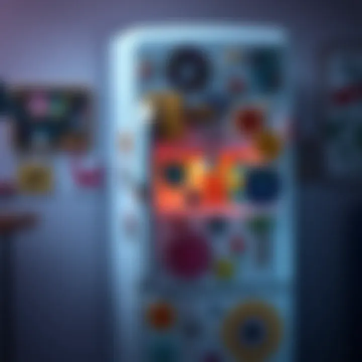 A colorful refrigerator decorated with art and magnets showing creative designs and patterns