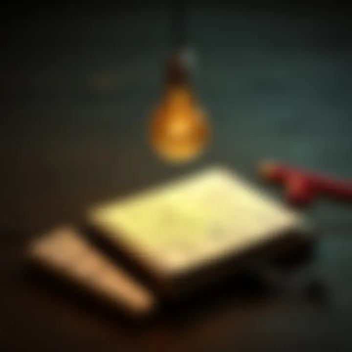 A light bulb above a notebook filled with funny phrases and word games, symbolizing creativity and humor in language.