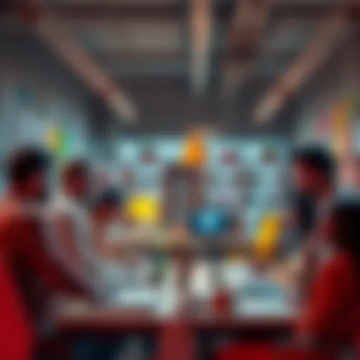 A diverse group of people brainstorming ideas in a colorful office space, showcasing unconventional approaches to work.