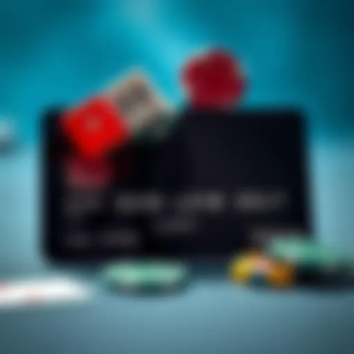 Credit card with online gaming symbols A credit card displayed with online gambling icons like dice and poker chips
