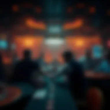 A dimly lit casino scene showing anxious players at the card tables and staff with odd expressions, creating an unsettling vibe.