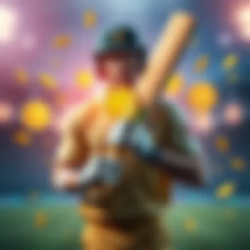 A cricket player holding a bat with cryptocurrency symbols around him, showcasing a bonus offer