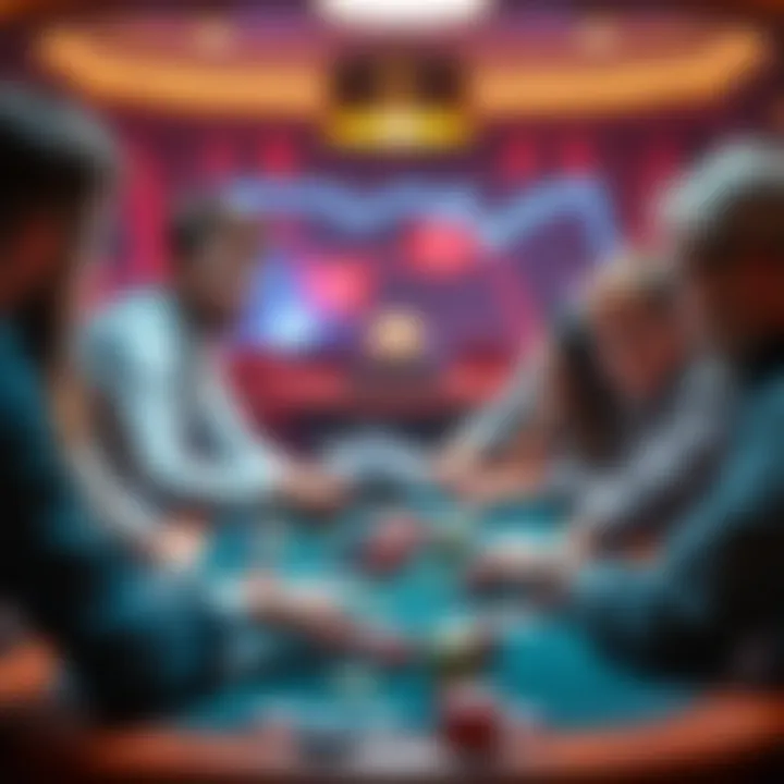 A group of people discussing the negative aspects of online poker, with cards and chips on the table.