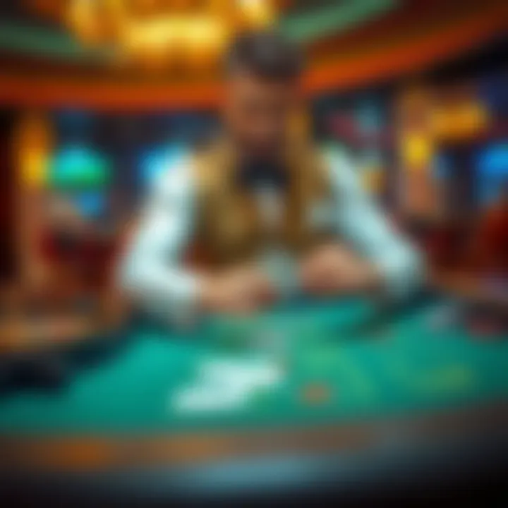 A croupier in a casino handling cards at a Blackjack table, demonstrating the tipping etiquette for players.