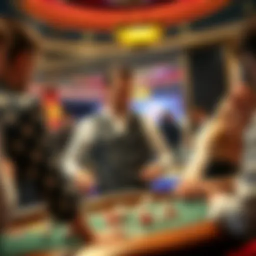 A croupier managing a dice game at a casino table, surrounded by players placing bets, focused on providing great service.