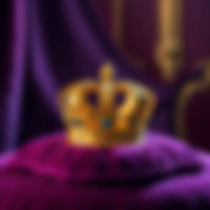 Crown symbolizing royal power A golden crown placed on a royal purple velvet cushion, representing the authority and status of a king.