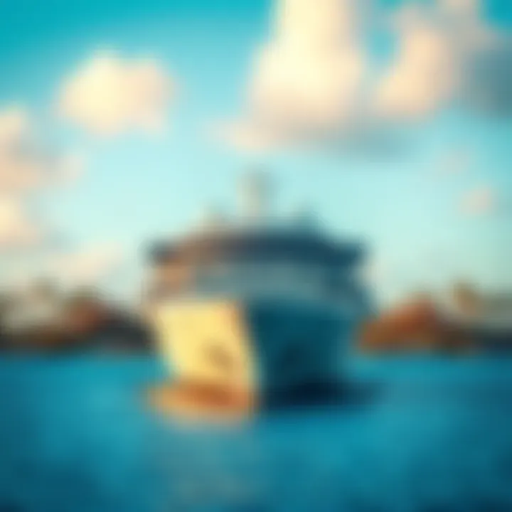 A large cruise ship anchored in clear blue waters of the Bahamas with palm trees in the background.