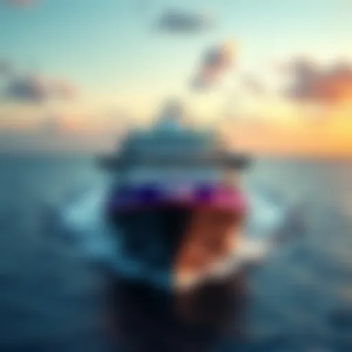 A large cruise ship at sea with a banner promoting free cruise offers