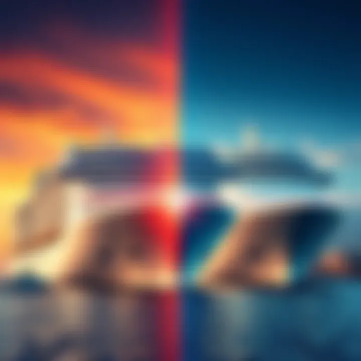 A side-by-side graphic showing a cruise ship with a $750 discount on one side and a compensation offer on the other side, indicating financial choices for travelers.