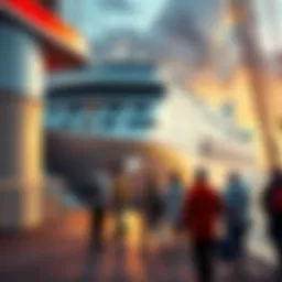 Passengers boarding a cruise ship, with staff assisting at the dock