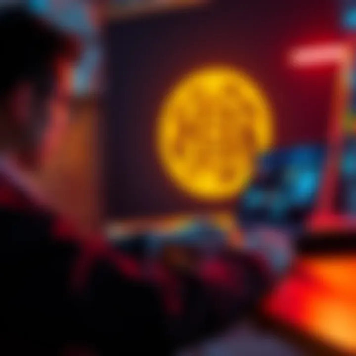 A person reviewing cryptocurrency offers on a laptop with a glowing Bitcoin symbol in the background
