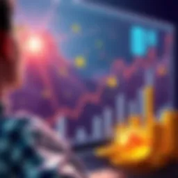 A visual showing a rising graph with coins representing cryptocurrency and a person excitedly looking at the gains on a screen.