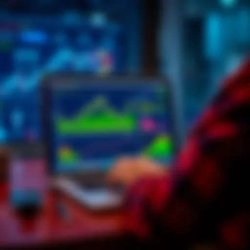 A person researching crypto bonuses on a laptop with graphs and charts on the screen.