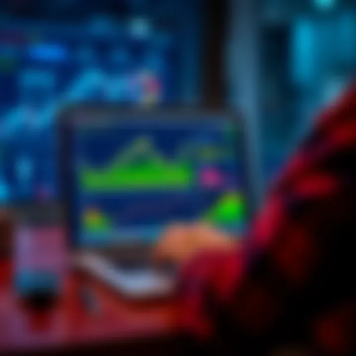 A person researching crypto bonuses on a laptop with graphs and charts on the screen.