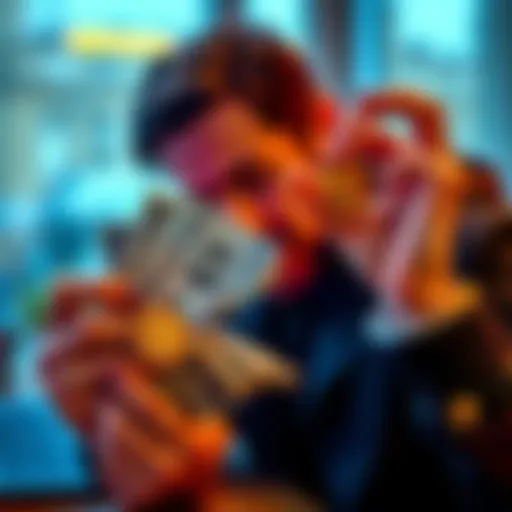 Crypto Cash Out Earnings A person examining dollar bills and Litecoin coins, discussing crypto cash out strategies, with a laptop in the background.