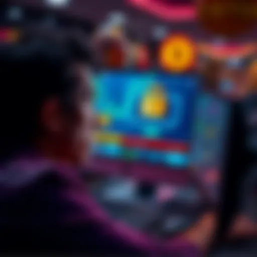 A person looking worried at a computer screen displaying a virtual casino, with money graphics and a lock symbol indicating withheld funds.