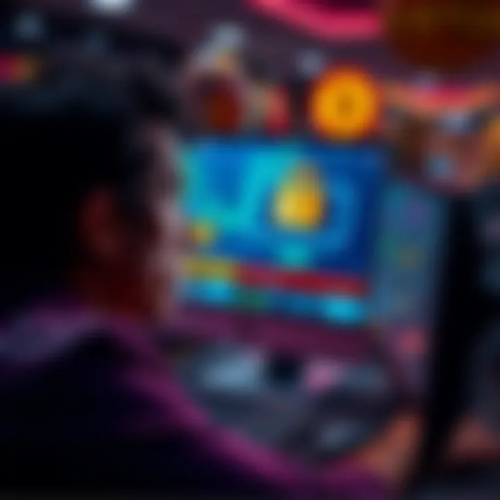 A person looking worried at a computer screen displaying a virtual casino, with money graphics and a lock symbol indicating withheld funds.