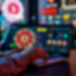 A person using a laptop to play games at an online crypto casino with free spins and chips on the screen.