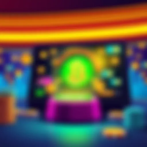 A digital illustration showing a vibrant online casino with cryptocurrency symbols and a cash-out button.