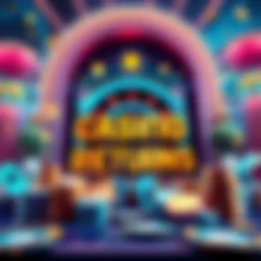 A colorful illustration of a crypto casino with money symbols and gaming elements, highlighting cashback rewards without betting requirements.