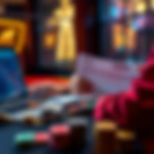 A person reviewing tax forms related to cryptocurrency gambling wins and losses at a table with casino chips and a laptop.