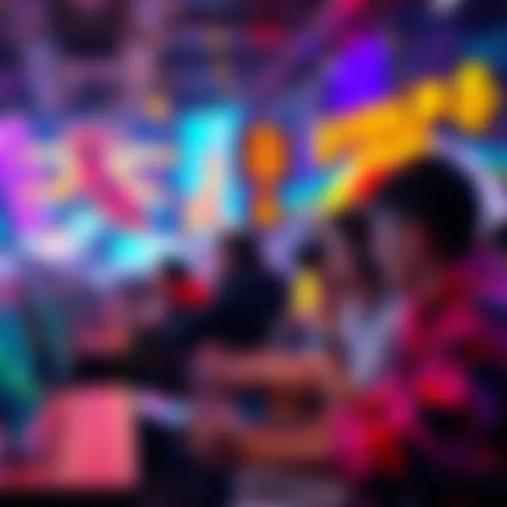 A vibrant scene showing players enjoying cryptocurrency gaming on their devices in California, with elements like coins and game icons in the background.