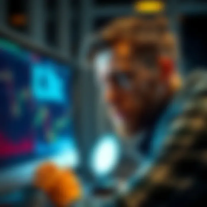 A concerned individual staring at a computer screen displaying cryptocurrency values, reflecting feelings of loss and regret after losing money in trades.