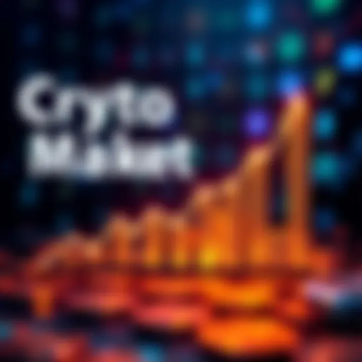 A graphic showing upward trends in cryptocurrency value with a background of currency symbols