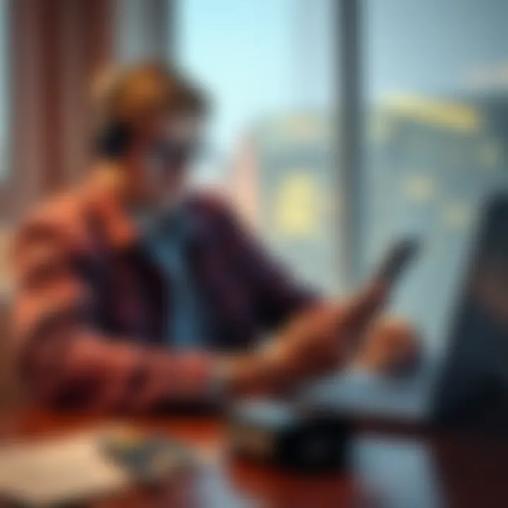 A person using a smartphone to manage cryptocurrency accounts, looking concerned about blocked funds, with a laptop and credit card on the table.