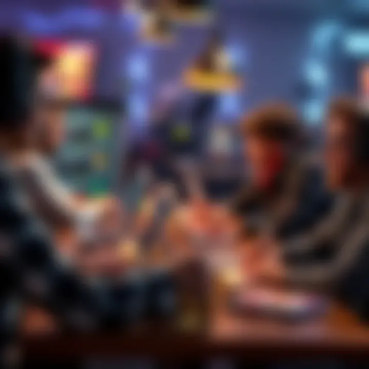 A group of people sharing CS2 betting tips and strategies at a table with laptops and snacks.