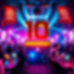 A vibrant celebration scene featuring gamers enjoying CSGOEmpire's 10th anniversary with banners and gaming setups in the background.