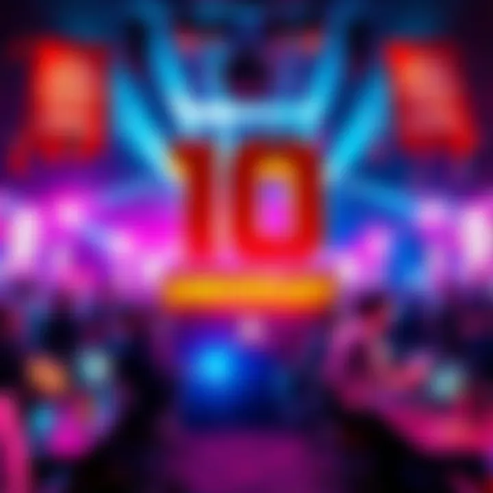 A vibrant celebration scene featuring gamers enjoying CSGOEmpire's 10th anniversary with banners and gaming setups in the background.