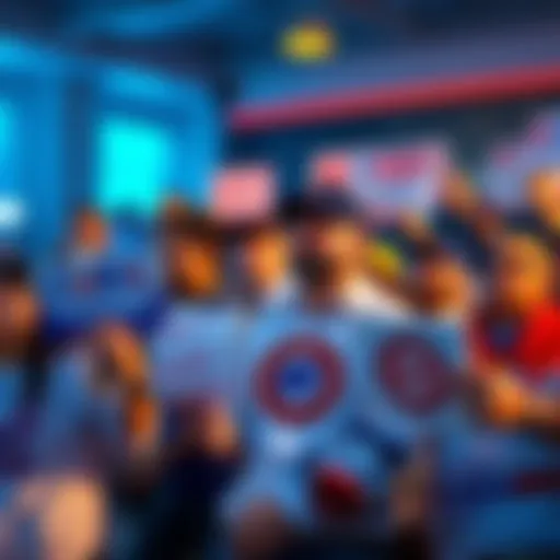 A group of fans discussing the current Cubs lineup with concerned expressions, holding signs supporting their favorite players.
