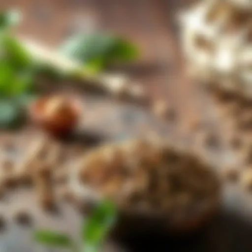 A close-up of cumin seeds on a rustic wooden table with some fresh herbs nearby