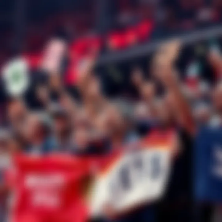 A group of excited fans cheering and holding signs for their favorite teams during a cup game.