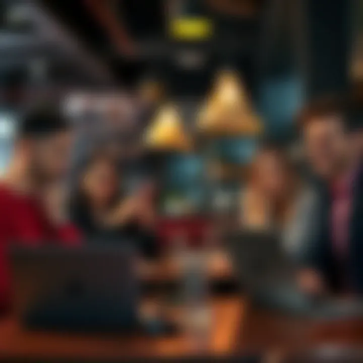 A group of people discussing the $5 Holla trend at a café, with laptops and phones out, showing interest in online forums.