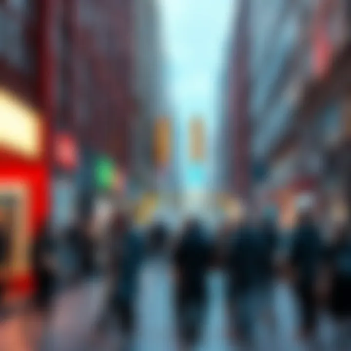 A group of people discussing news articles and headlines in a busy urban setting